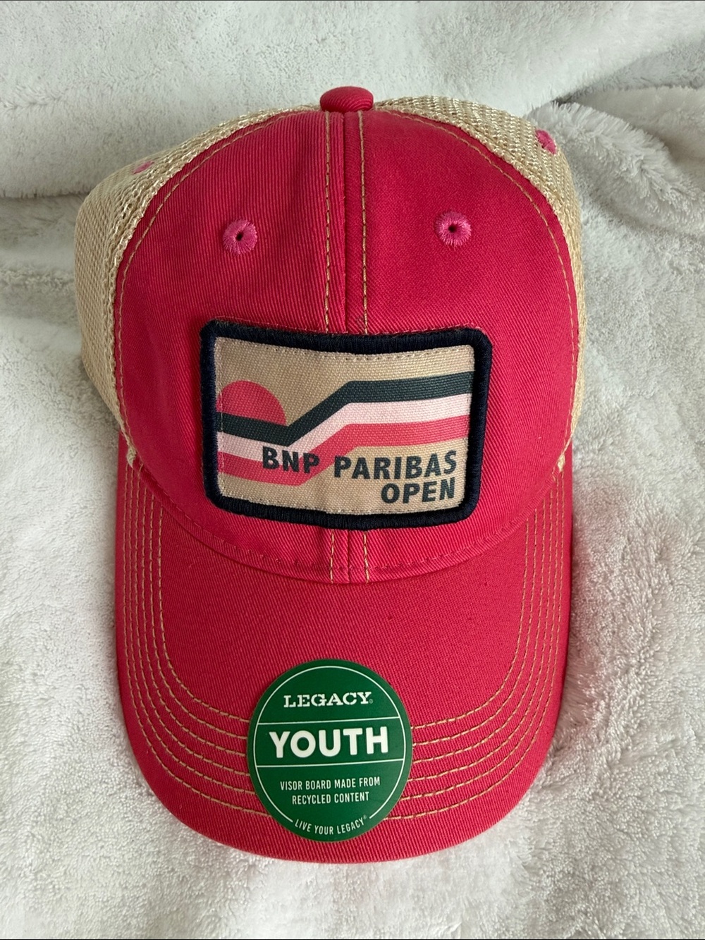 BNP Paribas Open Legacy Youth Trucker Hat Pink Tan Mesh Snapback Tennis Cap